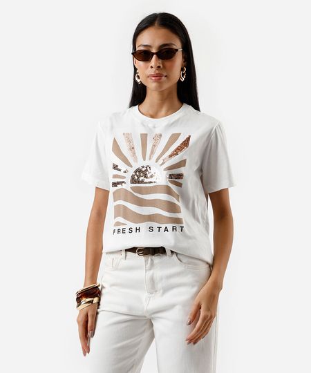 camiseta feminina de algodão bordado paetê off white PP