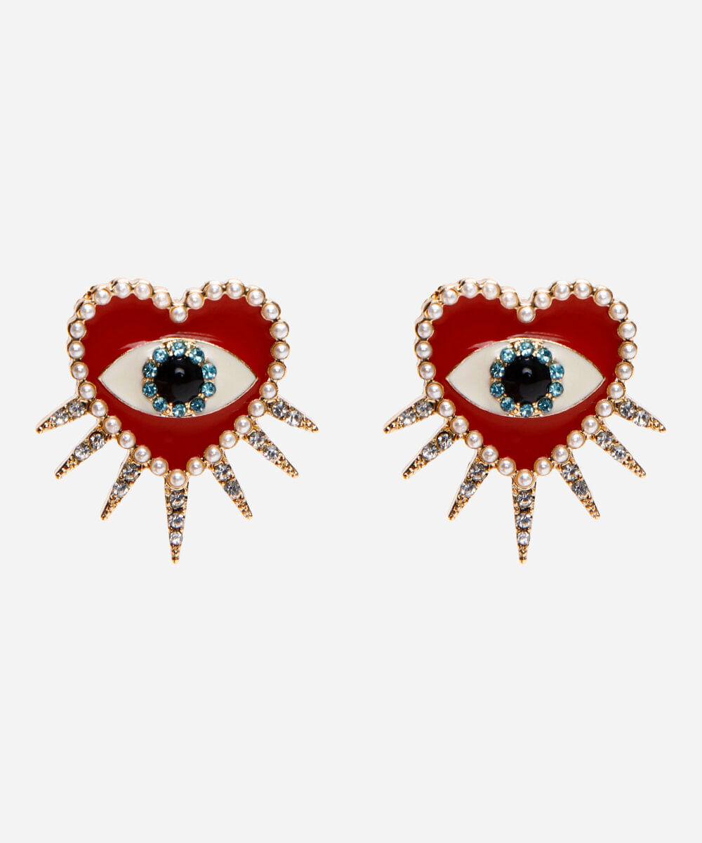 brinco de coração com estampa de olho e strass dourado