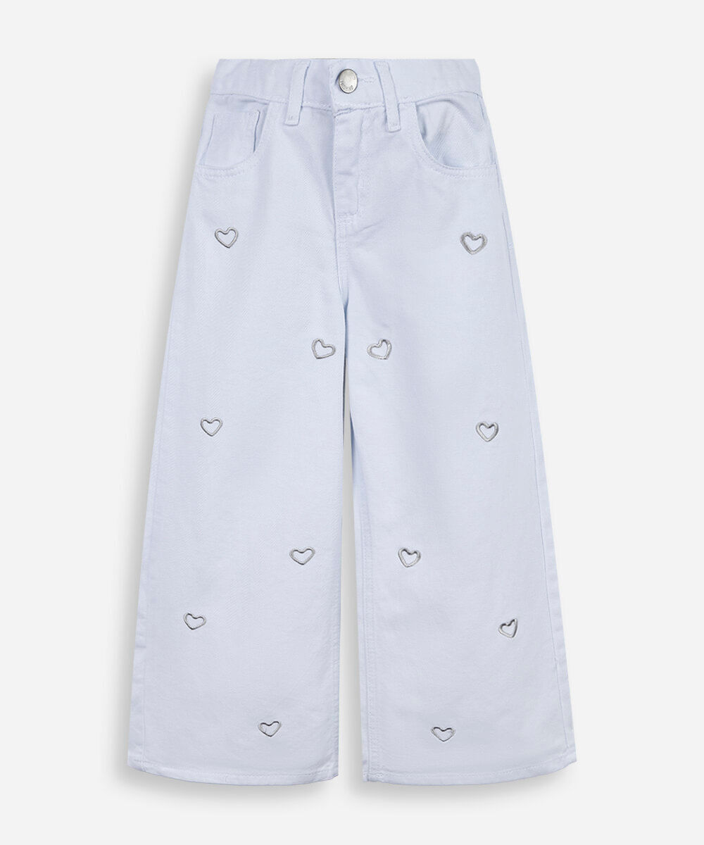 calça wide leg infantil com corações bordados branco