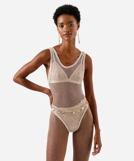 body de tela com brilhos bege GG