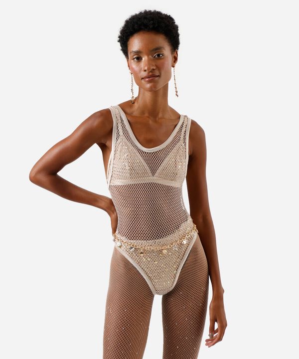 body de tela com brilhos bege M