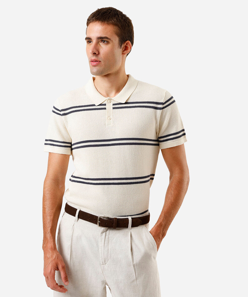 polo de algodão masculina texturizada listrada off white