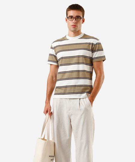 camiseta masculina box fit malha rugby listrada bege G camiseta masculina box fit malha rugby listrada bege G