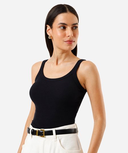 regata alça fina feminina de algodão canelada básica preta PP