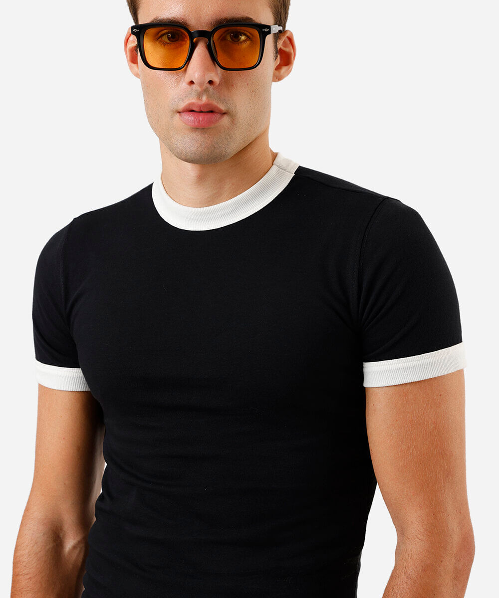 camiseta masculina de algodão bicolor preta