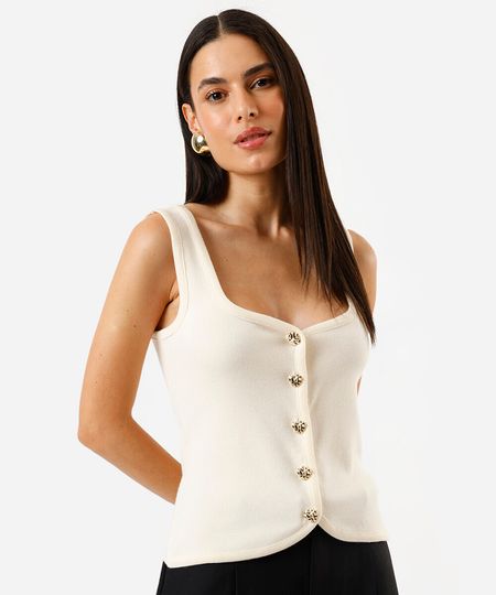 regata feminina de tricot com botões bege G