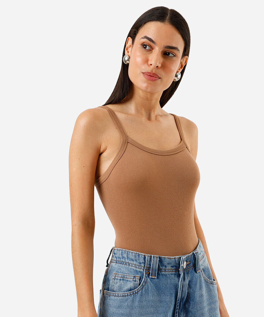 body alça fina feminino de poliamida básico marrom