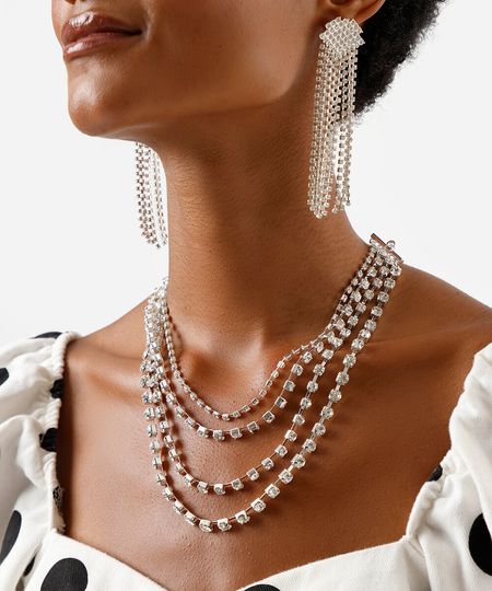colar feminino de strass em camadas prateado UNICO