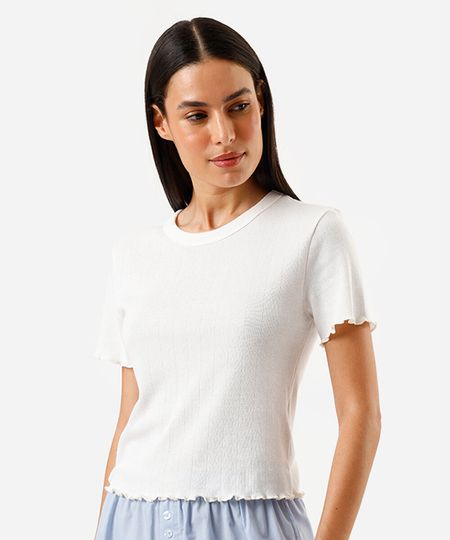 camiseta de pijama feminina avulsa canelada frufru off white PP camiseta de pijama feminina avulsa canelada frufru off white PP