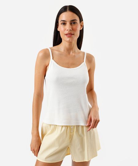 regata de pijama feminina com algodão alça fina canelada off white M regata de pijama feminina com algodão alça fina canelada off white M