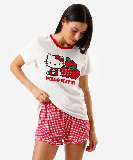 pijama short doll feminino de algodão hello kitty xadrez vermelho PP pijama short doll feminino de algodão hello kitty xadrez vermelho PP