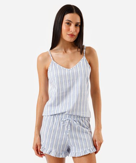 pijama short doll feminino de algodão listrado azul G pijama short doll feminino de algodão listrado azul G