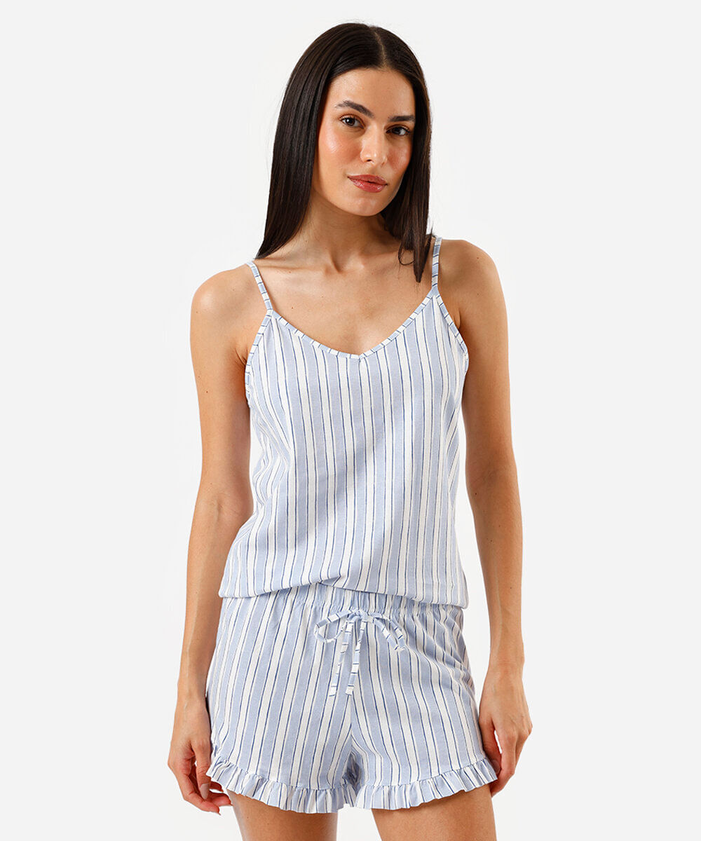 pijama short doll feminino de algodão listrado azul