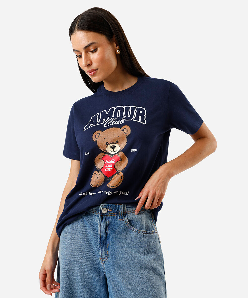 camiseta feminina de algodão estampada azul