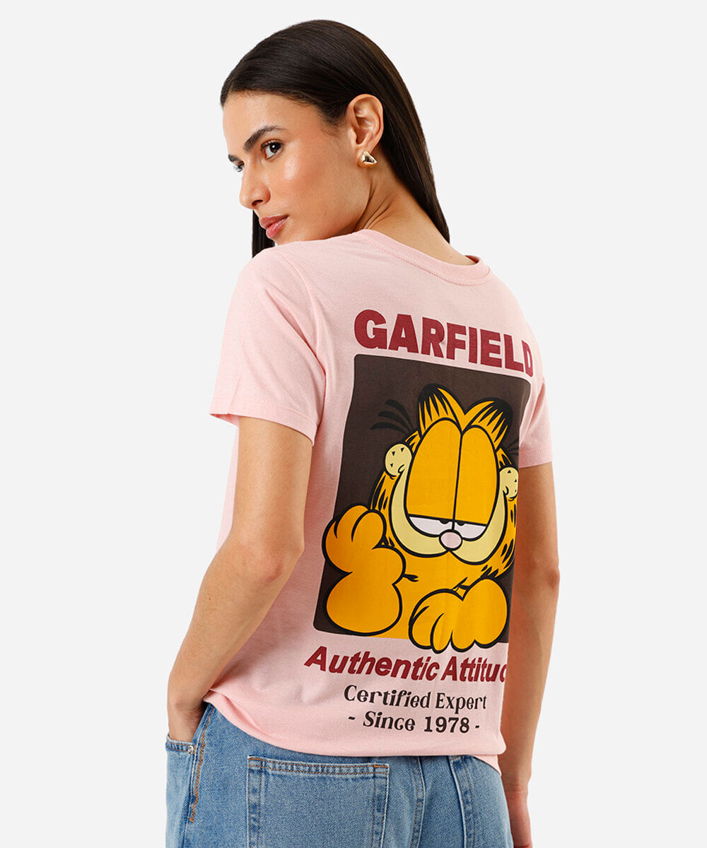 camiseta feminina de algodão garfield rosa