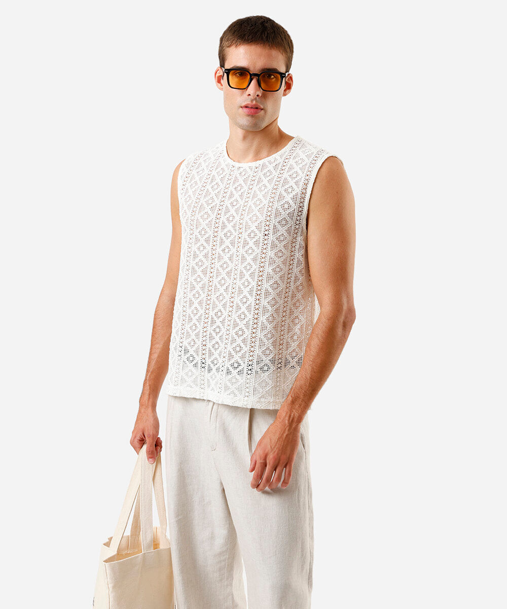 regata masculina de tricot étnico off white