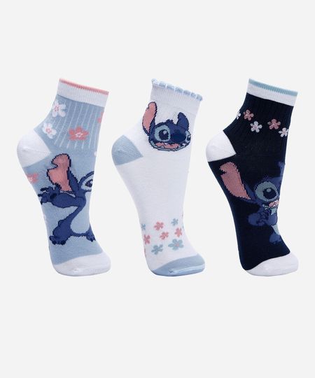 kit de 3 meias cano médio stitch colorido 34-39