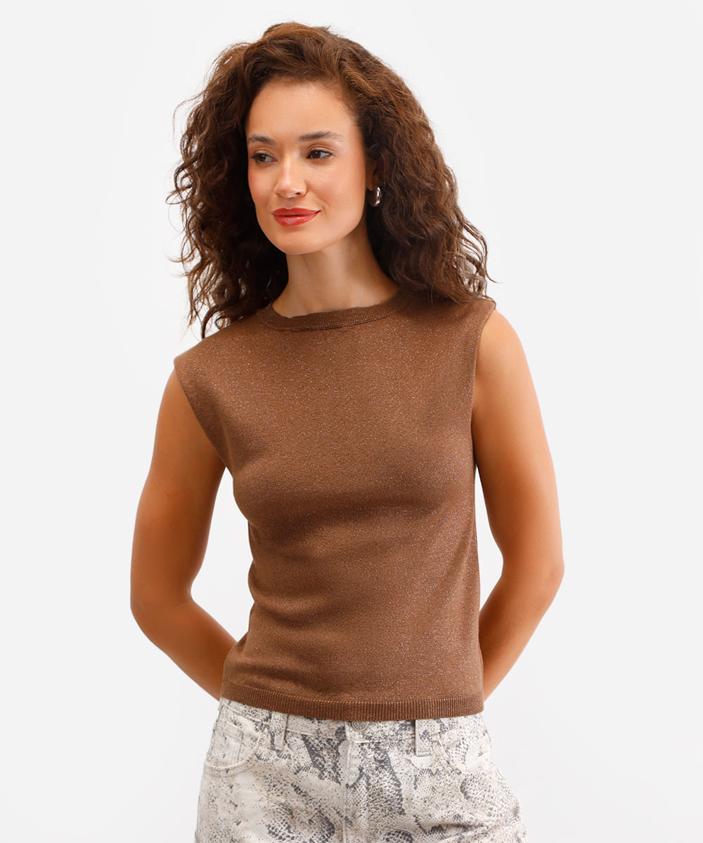 regata feminina de tricot com lurex marrom
