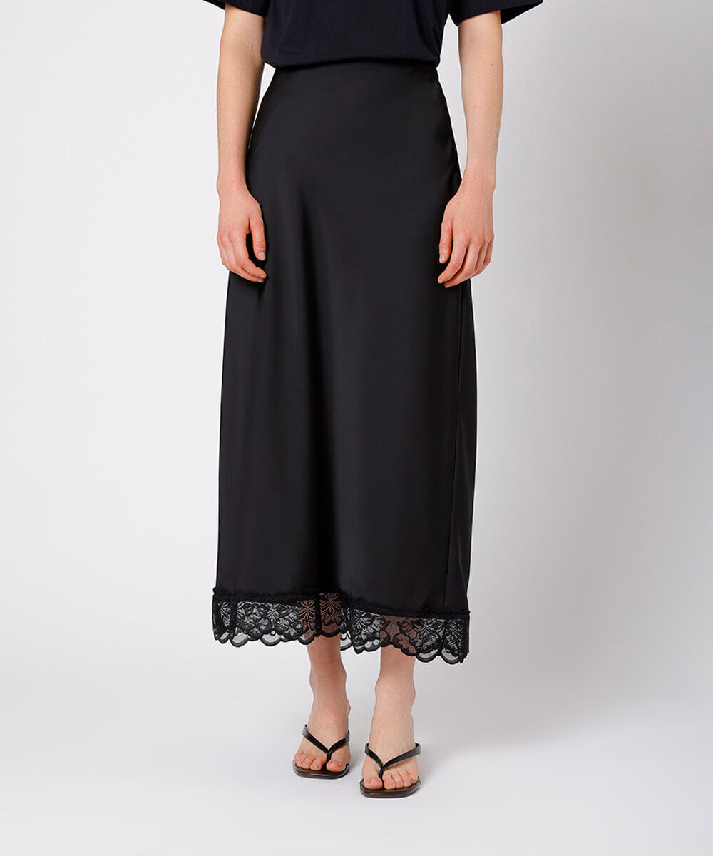 saia midi feminina acetinada com renda mindset preta