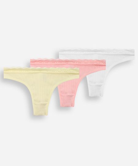 kit de 3 calcinhas de malha canelada com renda colorido G