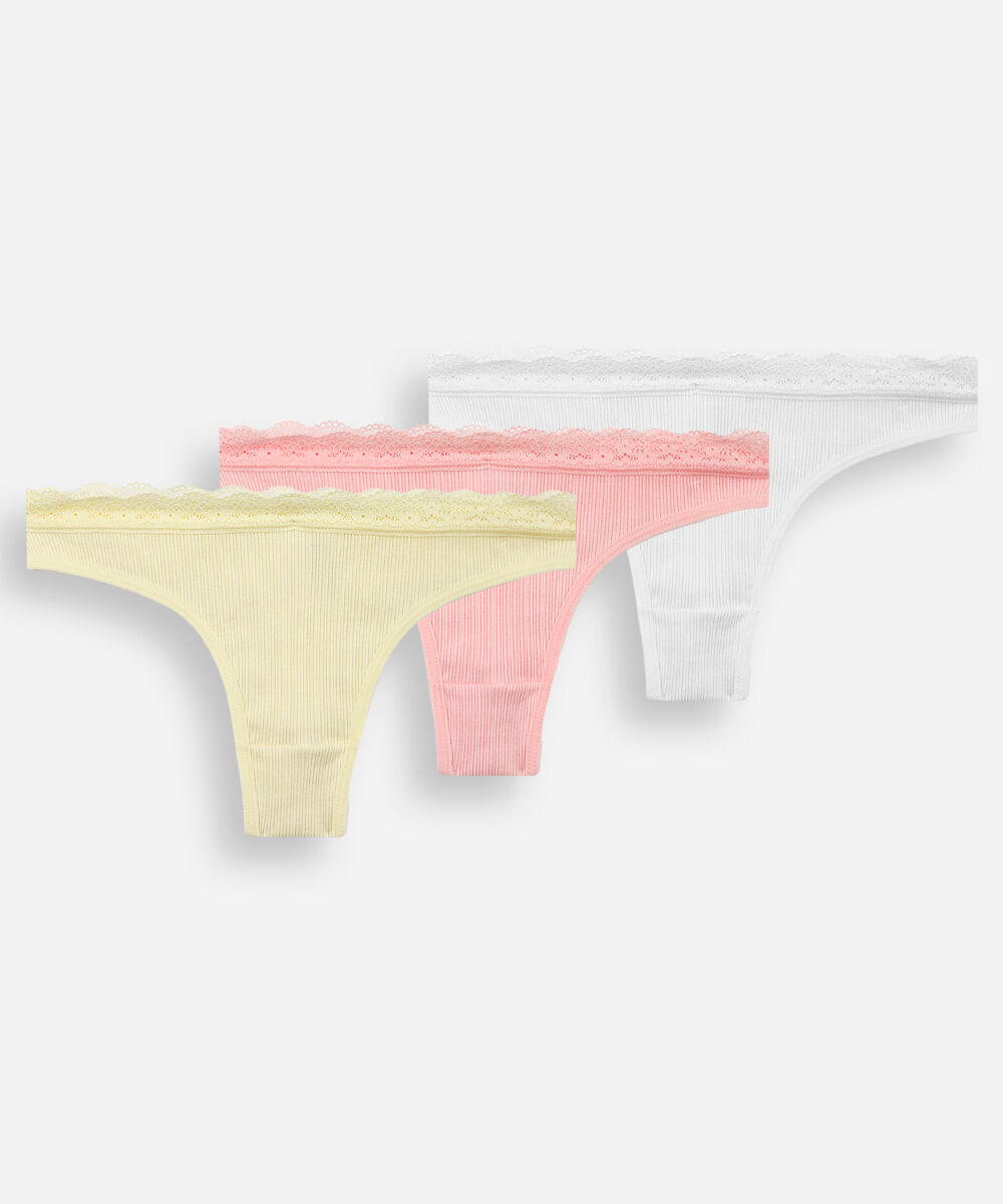 kit de 3 calcinhas de malha canelada com renda colorido