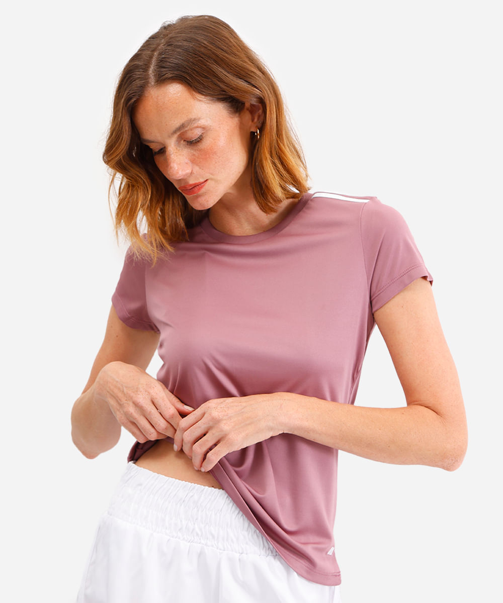 camiseta feminina esportiva ace manga curta com listras rosa