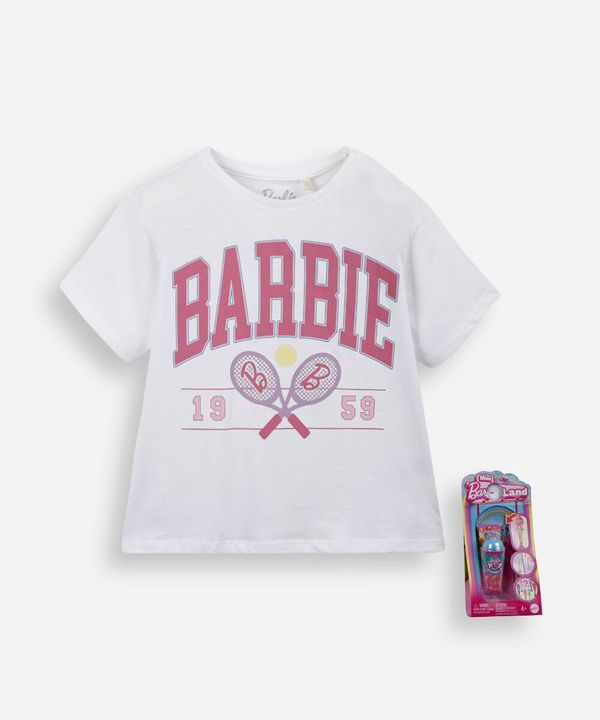 camiseta infantil de algodão barbie com brinde off white 10