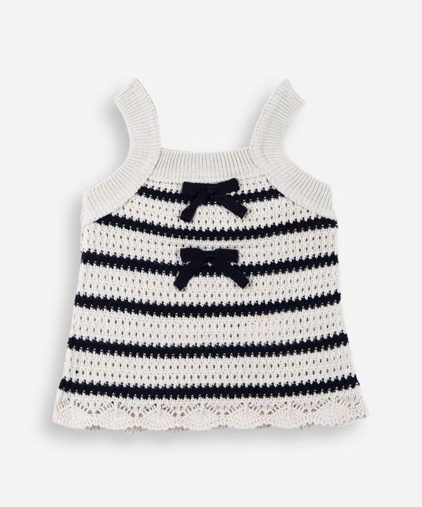 blusa infantil de tricô com laços listrada bege 3