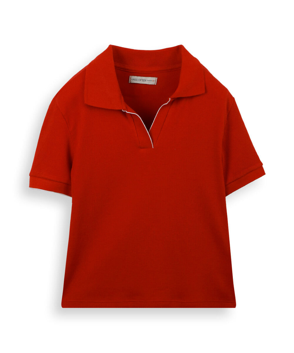 polo de algodão juvenil manga curta bicolor vermelha