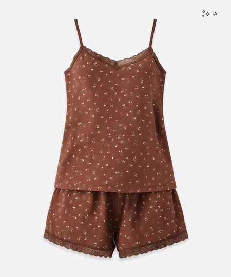 pijama short doll feminino floral marrom PP