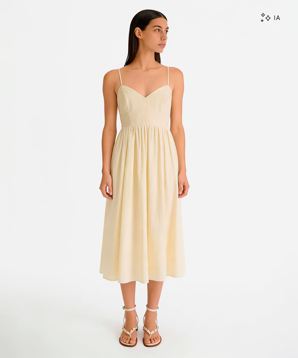 vestido midi feminino com algodão alça fina decote coração amarelo