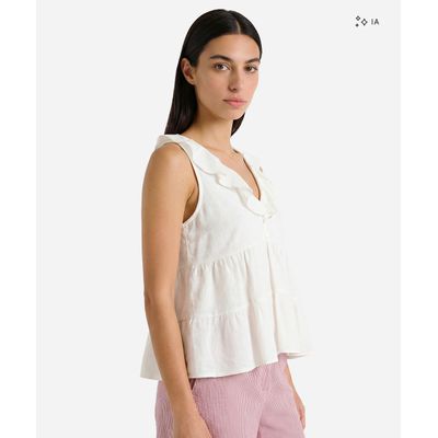 Bata feminina com recortes e babados com linho off white