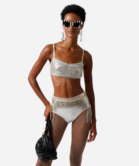 calcinha hot pant feminina com franjas e brilho metalizada prateada P calcinha hot pant feminina com franjas e brilho metalizada prateada P