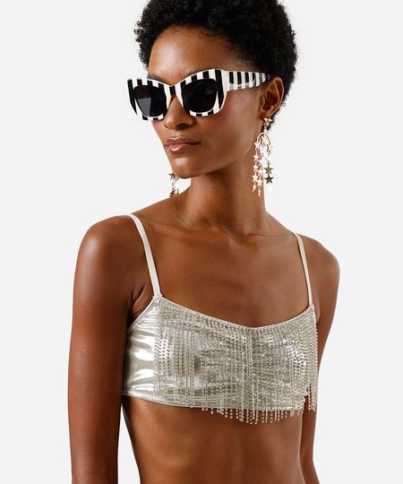 top feminino com franjas e brilhos metalizado prateado P top feminino com franjas e brilhos metalizado prateado P