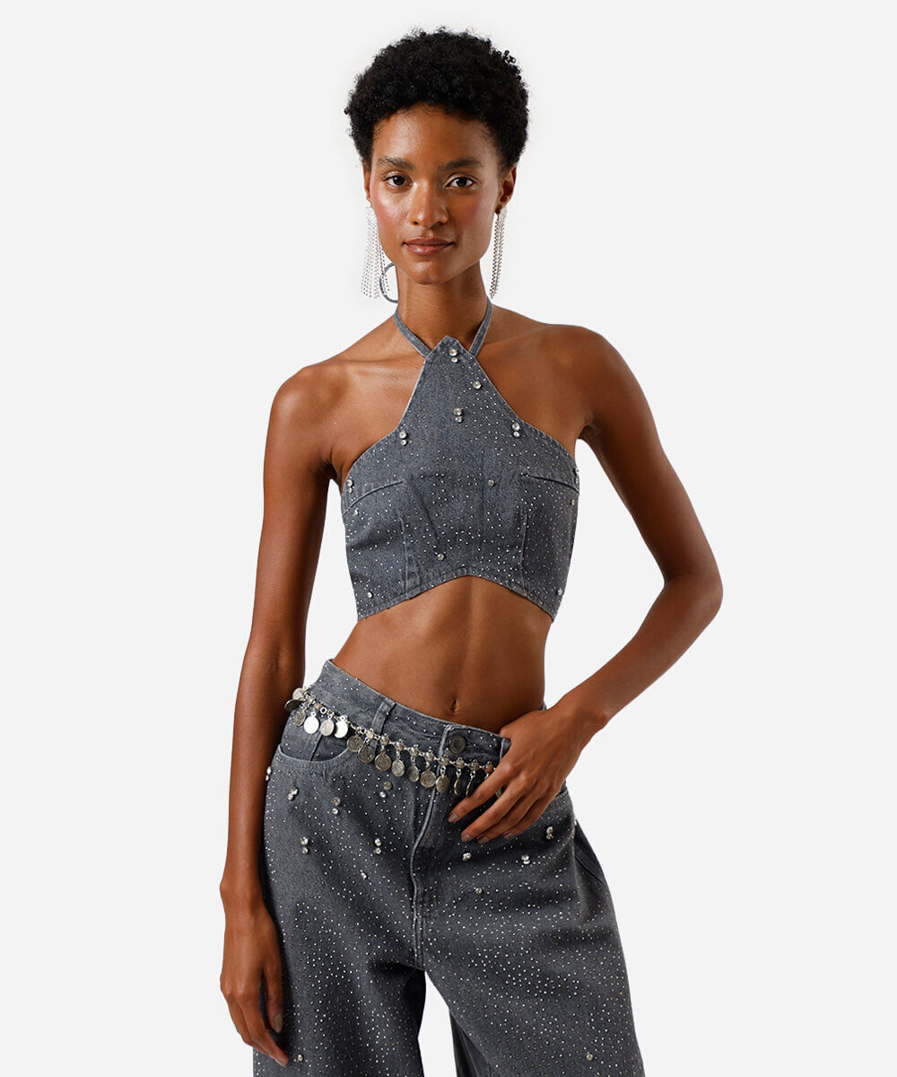 top frente única feminino jeans com brilhos cinza