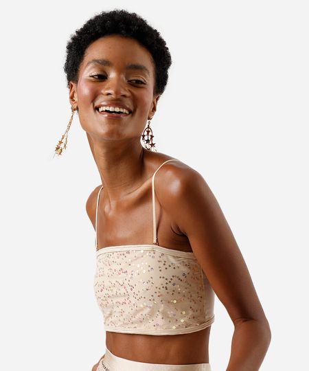 top faixa feminino com paetê alças removíveis bege M top faixa feminino com paetê alças removíveis bege M