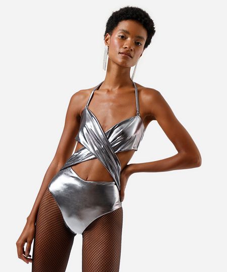 maiô transpassado feminino metalizado cinza P maiô transpassado feminino metalizado cinza P