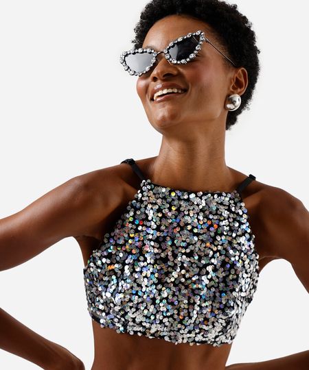 top feminino com paetê halterneck preto G