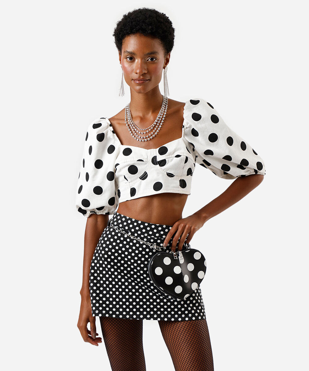 short saia feminino de sarja poá preto