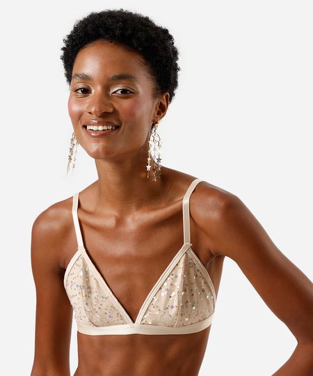 sutiã triângulo feminino com paetê bege G