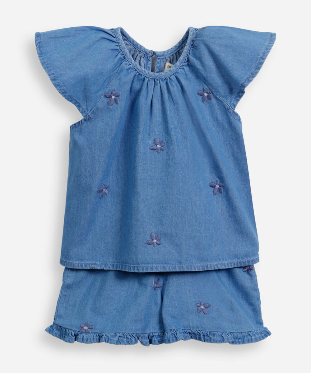conjunto infantil curto jeans com bordados azul
