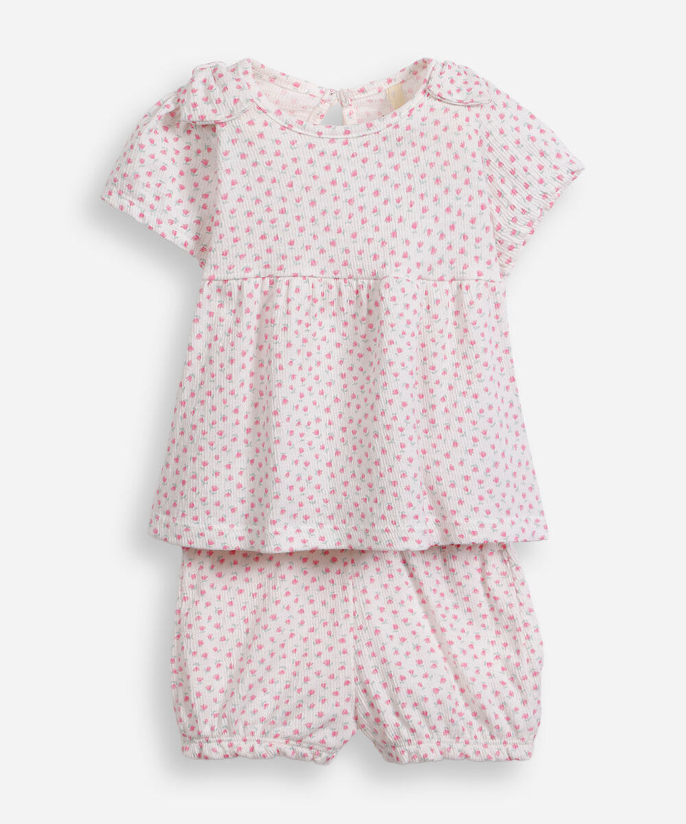 conjunto infantil laços no ombro floral off white