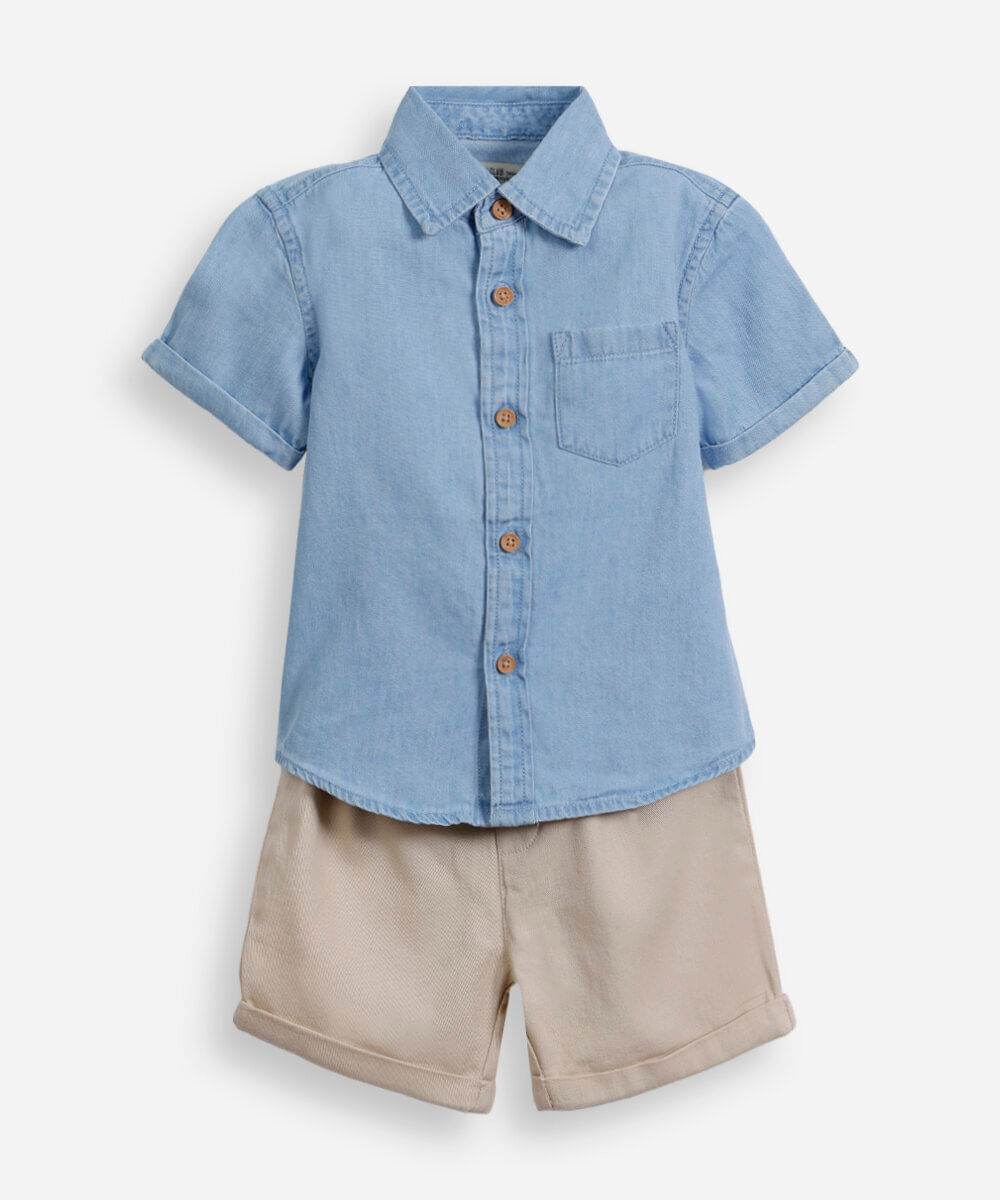 conjunto infantil camisa jeans e bermuda azul