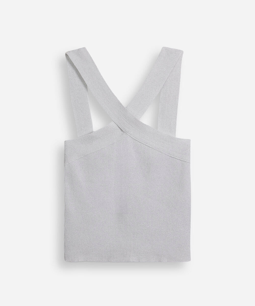 cropped halter neck juvenil de tricô com lurex prateado