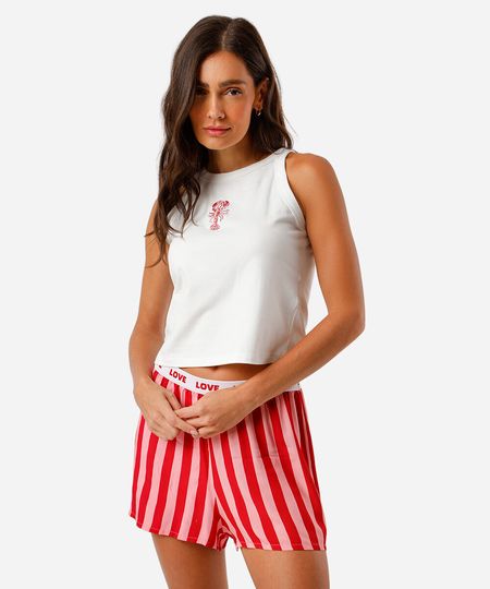 pijama short doll feminino bordado listrado lagosta vermelho GG