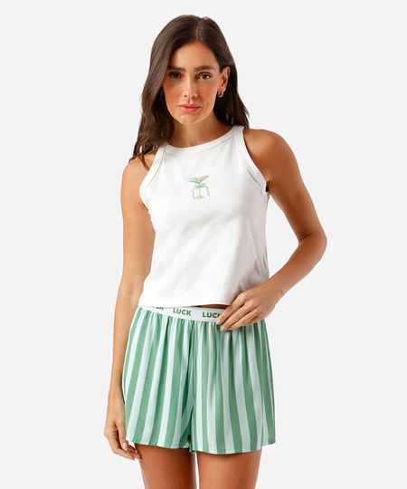 pijama short doll feminino com bordado listrado e bolsinha verde M pijama short doll feminino com bordado listrado e bolsinha verde M
