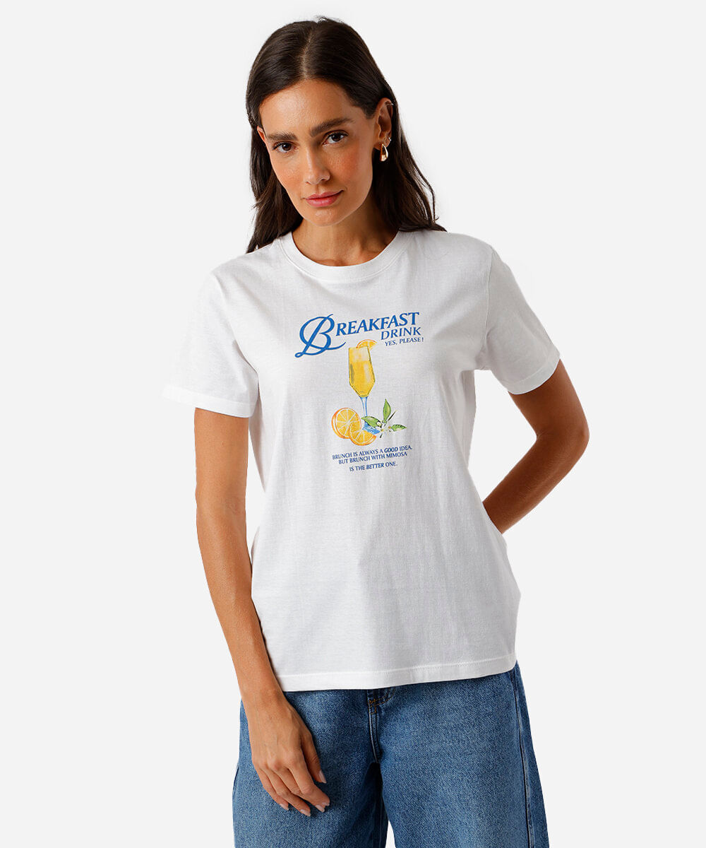 camiseta feminina de algodão breakfast drink off white