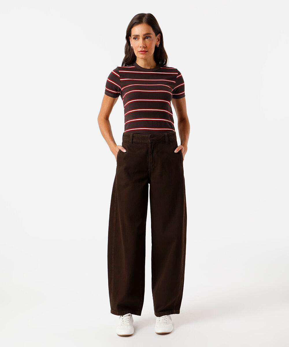 calça feminina baggy sarja cintura alta marrom