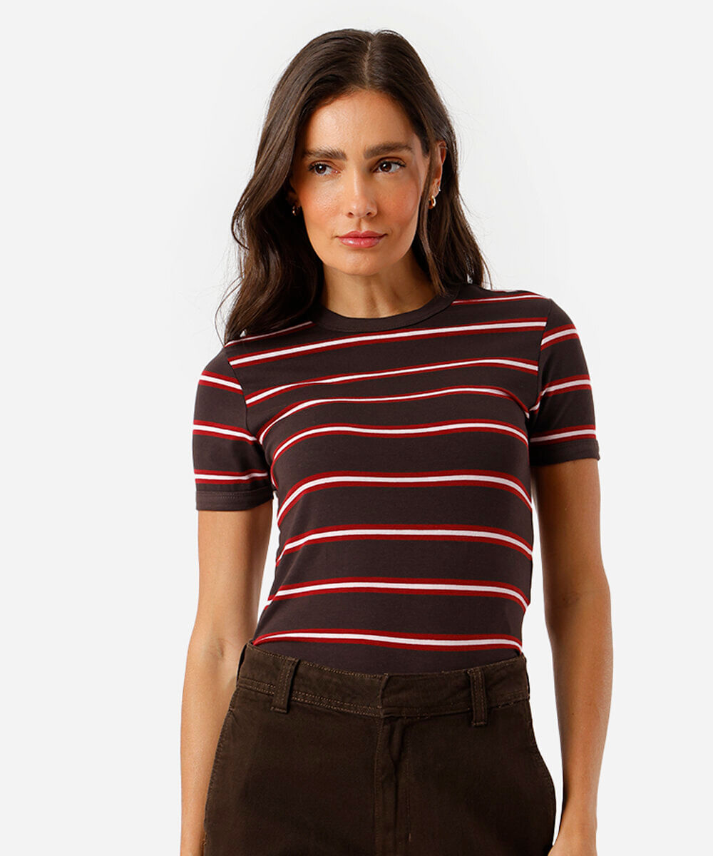 camiseta feminina básica três listras marrom