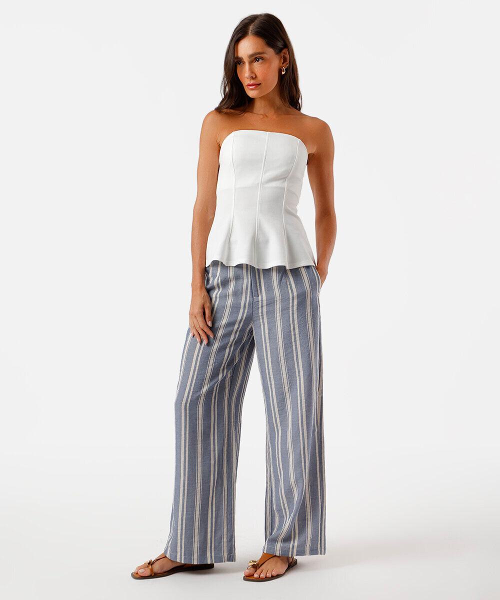 calça feminina alfaiataria wide leg listrada azul
